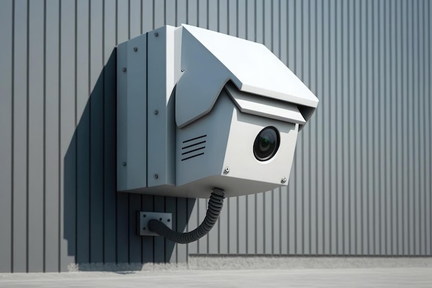 Zbliżenie na kamerę bezpieczeństwa na ścianie nowoczesnego budynku wygenerowane przez sztuczną inteligencję