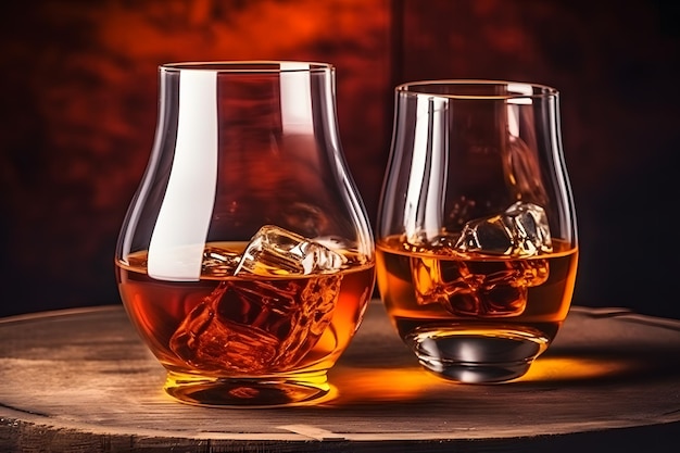 Zbliżenie na kieliszek whisky na szczycie baru. Wygenerowano sztuczną inteligencję sieci neuronowej