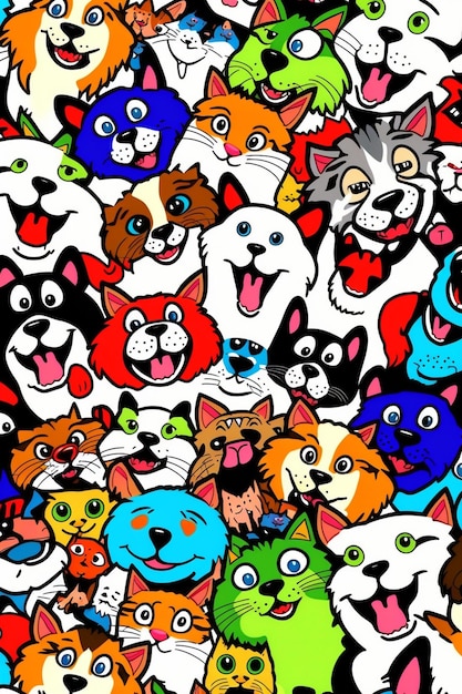 Zbliżenie na kilka kotów i psów o różnych kolorowych oczach generatywnych ai