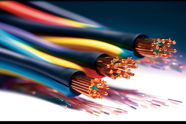 Zdjęcie zbliżenie na kilka przewodów w różnych kolorach i jeden z napisem „kabel”.