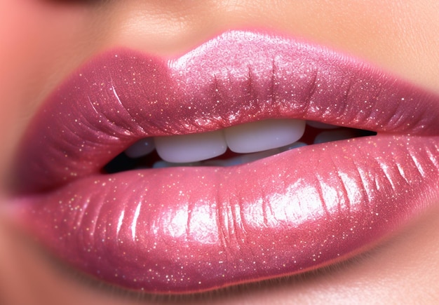 Zbliżenie na kobiece usta z generatywną ai błyszczącej różowej wargi