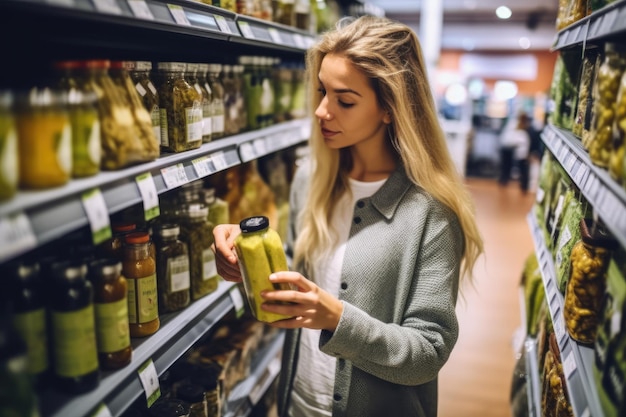 Zbliżenie na kobietę badającą etykiety różnych produktów w supermarkecie Generative AI