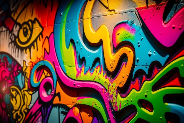 Zbliżenie na kolorową ścianę z dużą ilością namalowanych graffiti Generative AI