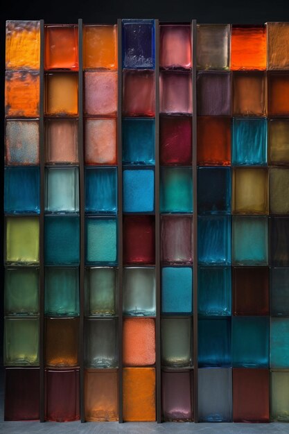 Zbliżenie na kolorową ścianę z pustaków szklanych z generatywnym ai czarnym tłem
