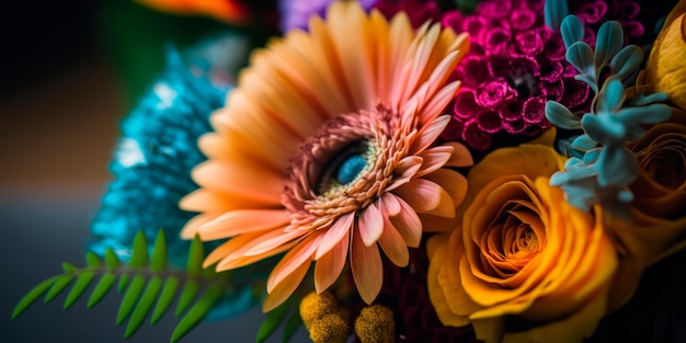 Zbliżenie na kolorowy bukiet kwiatów Generative AI