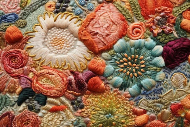 Zdjęcie zbliżenie na kolorowy kawałek tkaniny z motywem kwiatowym.