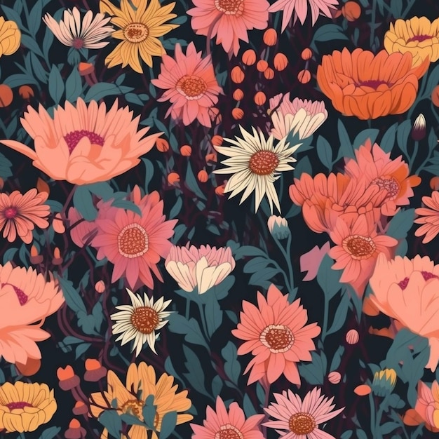 Zbliżenie na kolorowy kwiatowy wzór z wieloma ai generatywnymi kwiatami