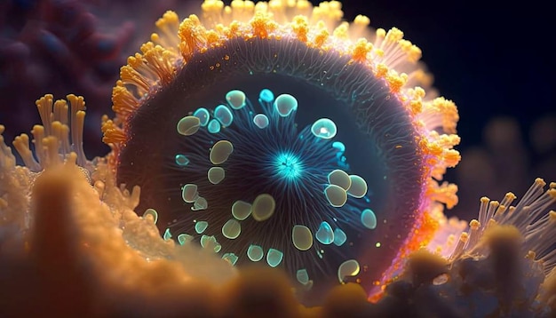 Zbliżenie na korala z niebieskimi i zielonymi pierścieniami