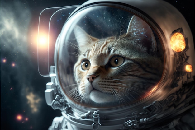 Zbliżenie na kota w generatywnym skafandrze kosmicznym ai