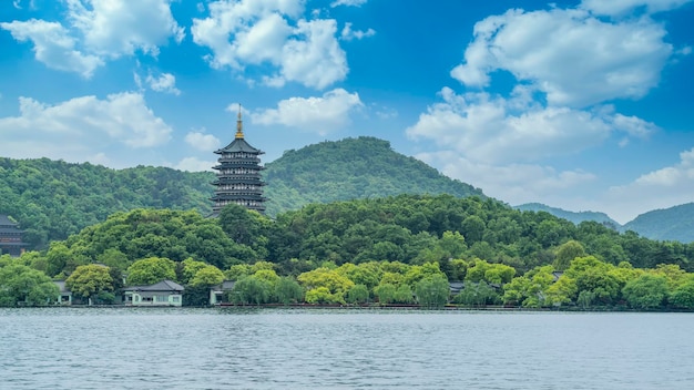 Zbliżenie na krajobraz chińskiego ogrodu Hangzhou West Lake