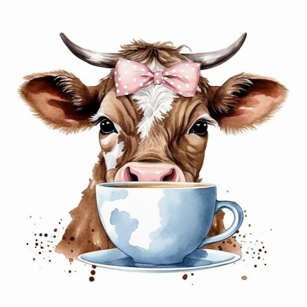 Zbliżenie na krowę z kokardą na głowie pijącą z kubka generującego ai