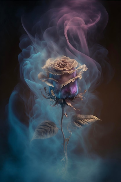 Zbliżenie na kwiat z wydobywającym się z niego dymem generatywne ai