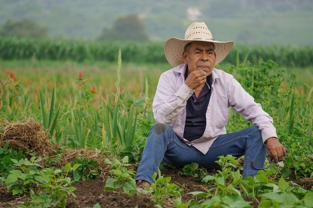 Zbliżenie na latynoskiego rolnika na swojej plantacji w Meksyku