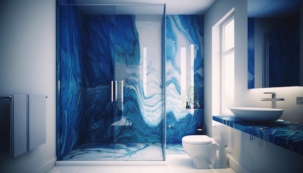 Zbliżenie na łazienkę z niebieskim marmurkowym prysznicem generatywnym ai