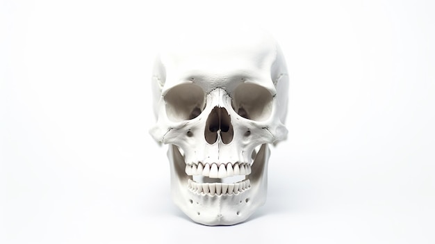Zbliżenie na ludzką czaszkę na białej powierzchni generatywnego obrazu ai