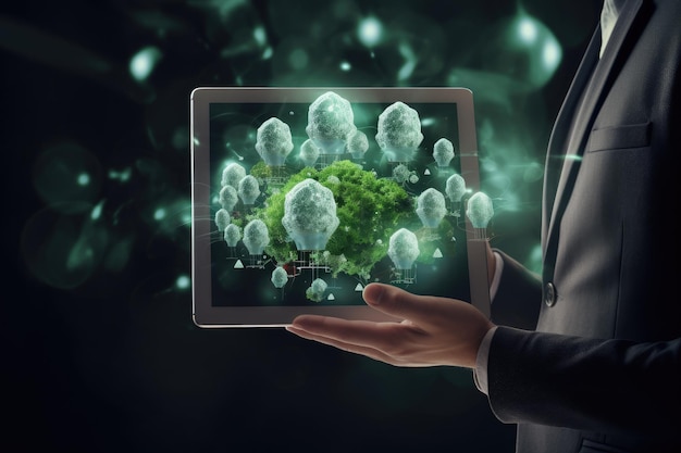 Zbliżenie na ludzkie dłonie trzymające tablet PC z zieloną koncepcją przetwarzania w chmurze Biznesmen trzymający w rękach tablet z emisją CO2 Renderowanie 3D górna część przycięta AI Wygenerowano