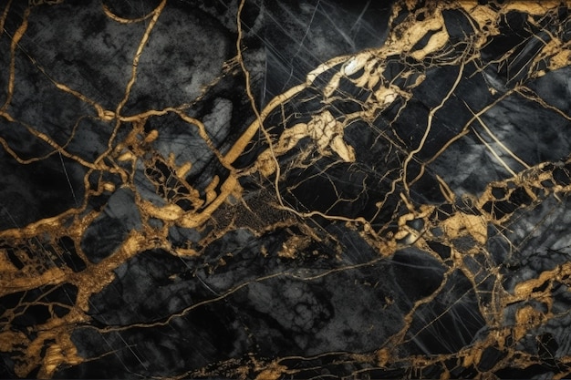 Zbliżenie na luksusową czarno-złotą marmurową teksturę stworzoną za pomocą technologii Generative AI