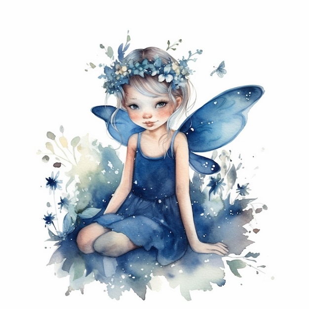 Zbliżenie na małą dziewczynkę w niebieskiej sukience i generatywną ai z kwiatową koroną