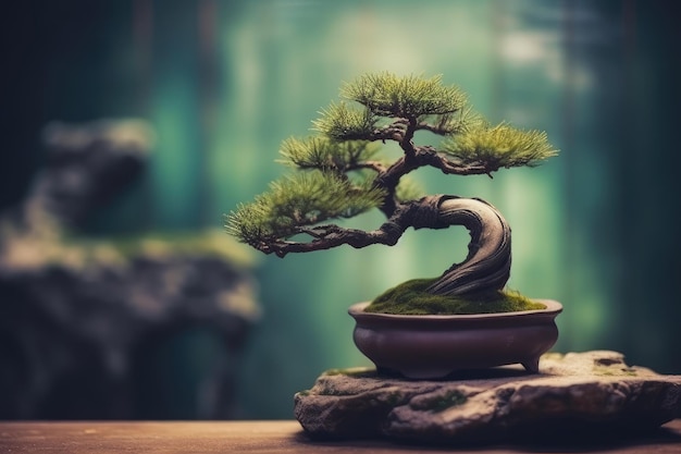 Zbliżenie na małe drzewko bonsai z niewyraźnym tłem Generative AI