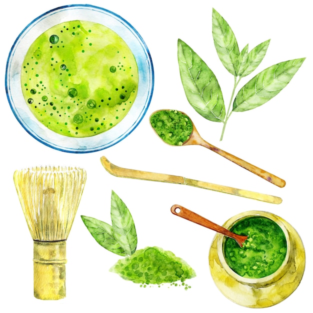 Zbliżenie na matcha akwarela na białym tle