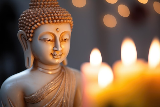 Zbliżenie na medytujący posąg Buddy przy delikatnym świetle świec w tle