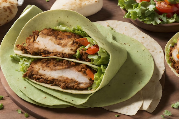 Zbliżenie na meksykańską sztukę fajita wrap kanapkę z jedzeniem stworzoną przez AI