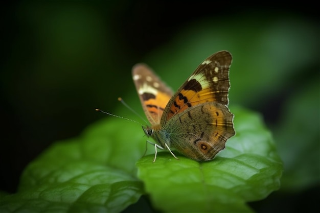 Zbliżenie na motyla na zielonym liściu Zawartość generowana przez sztuczną inteligencję