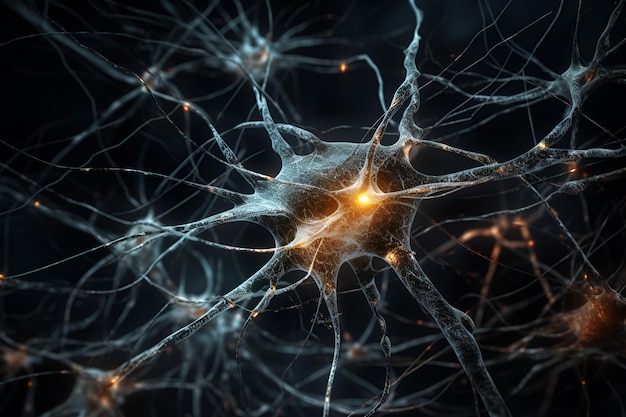 Zbliżenie na mózg ze światłami i napisem neuron po prawej stronie
