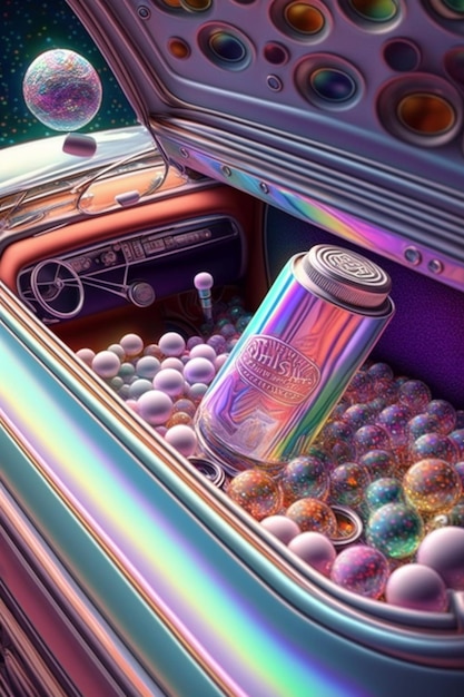 Zbliżenie na napój gazowany w puszce w samochodzie z generatywną sztuczną inteligencją