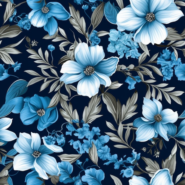 Zbliżenie na niebieski wzór kwiatowy na czarnym tle generatywne ai