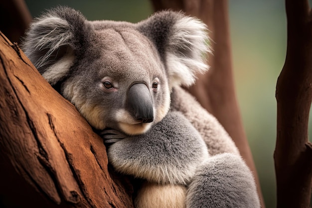 Zbliżenie na niedźwiedzia koala relaksującego się na małym drzewie Generacyjna sztuczna inteligencja