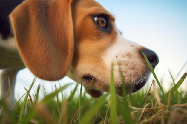 Zbliżenie na nos beagle śledzące zapach trawy utworzone za pomocą generatywnej sztucznej inteligencji