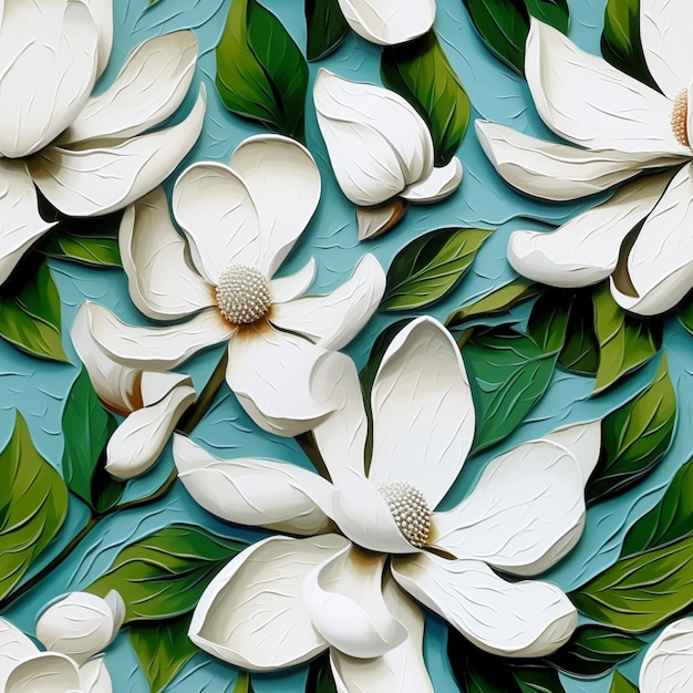 Zbliżenie na obraz przedstawiający białe kwiaty na niebieskiej powierzchni generatywnej ai