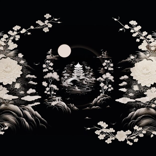 Zbliżenie na obraz przedstawiający księżyc i kwiaty generatywne ai
