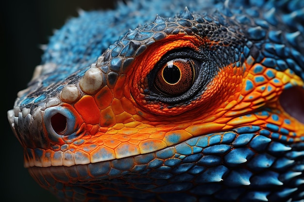 Zbliżenie na oko niebieskiej iguany Pogona vitticeps Zbliżenie na iguanę pomarańczowo-niebieskie AI Wygenerowano