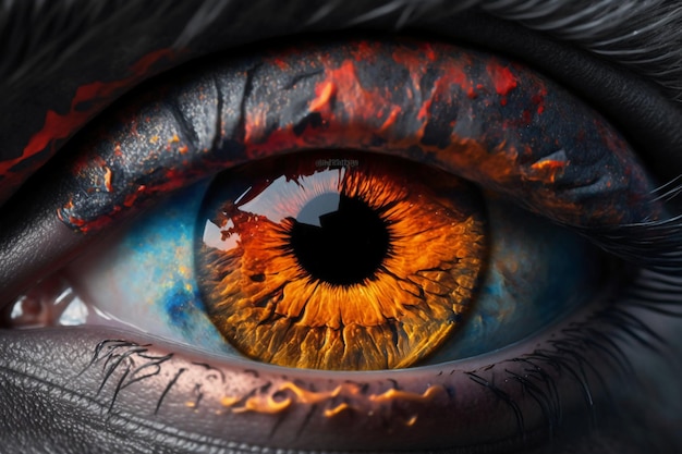 Zbliżenie na oko z niebieskim i pomarańczowym okiem.