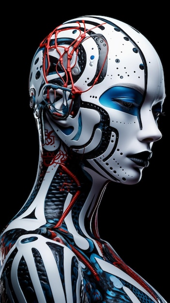 Zbliżenie na osobę z ciałem pomalowanym jak sztuczna inteligencja robota