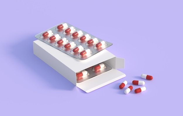 Zbliżenie na pakiet z dwoma blistrami z tabletkami leków Szablon makiety renderowania 3d