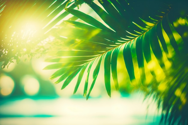 Zbliżenie na palmę ze słońcem świecącym przez liście Generacyjna sztuczna inteligencja