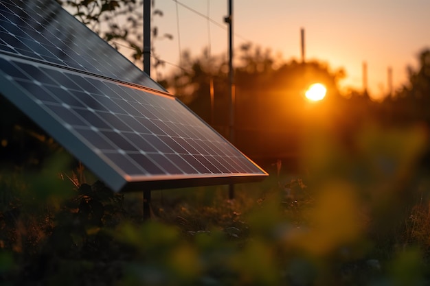 Zbliżenie na panel fotowoltaiczny z pięknym zachodem słońca w tle, przedstawiające koncepcję energii odnawialnej Generative Ai