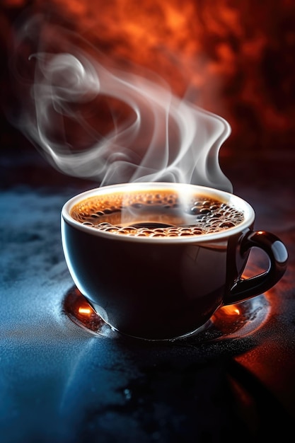 Zbliżenie na parującą filiżankę gorącej kawy utworzone za pomocą generatywnej sztucznej inteligencji
