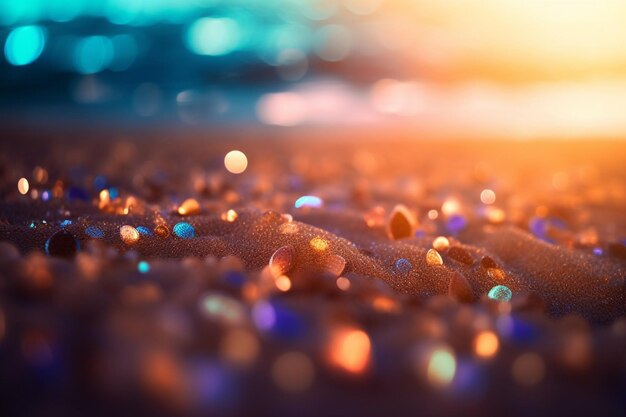 Zbliżenie na piasek z zachodzącym za nim słońcem