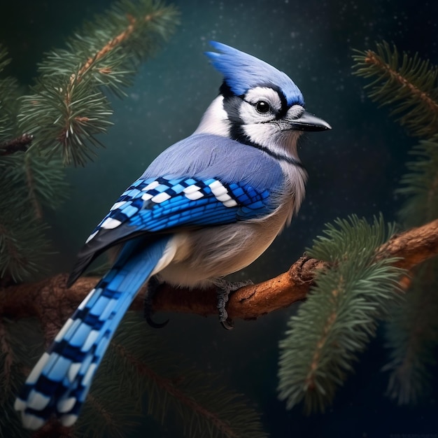 Zbliżenie na piękną Blue Jay w sosnowej gałęzi