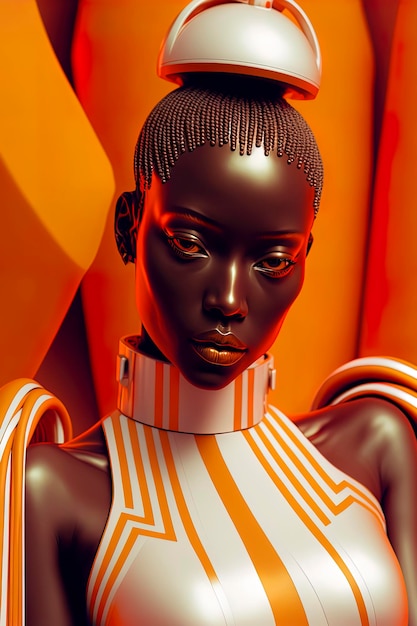 Zbliżenie na pięknego kobiecego androida otoczonego żywymi pomarańczowymi paskami monochromatycznymi AIGenerated
