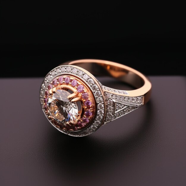 Zbliżenie na pierścionek z diamentem i generatywną sztuczną inteligencją z różowego szafiru
