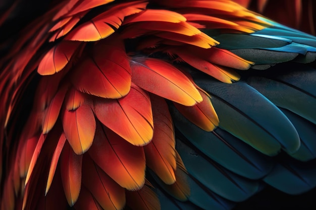 Zbliżenie na pióra ptaka szkarłatnej ary wygenerowane przez sztuczną inteligencję