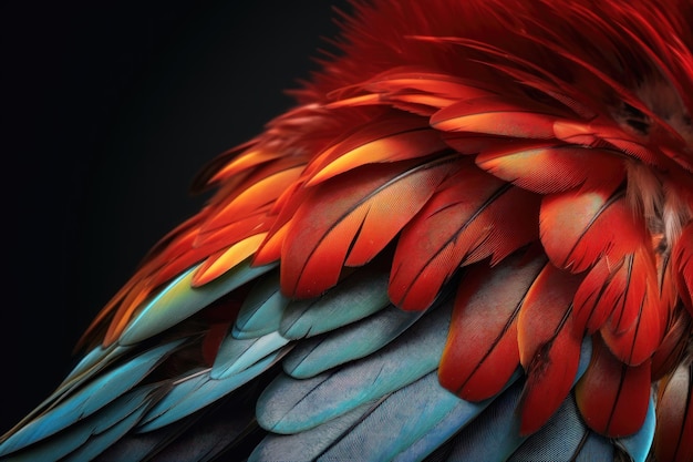 Zbliżenie na pióra ptaka szkarłatnej ary wygenerowane przez sztuczną inteligencję