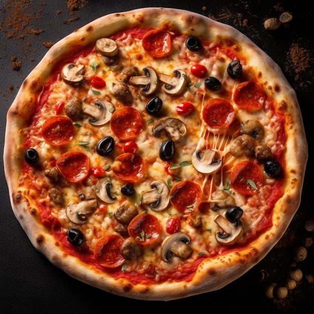 Zbliżenie na pizzę z grzybami i oliwkami na stole generatywnym ai