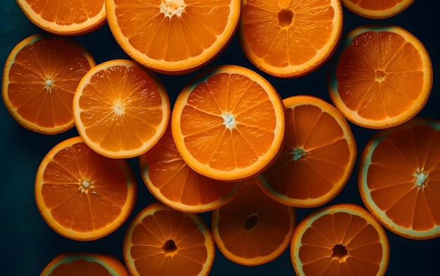 Zdjęcie zbliżenie na plasterki pomarańczy ze światłem świecącym na nich.