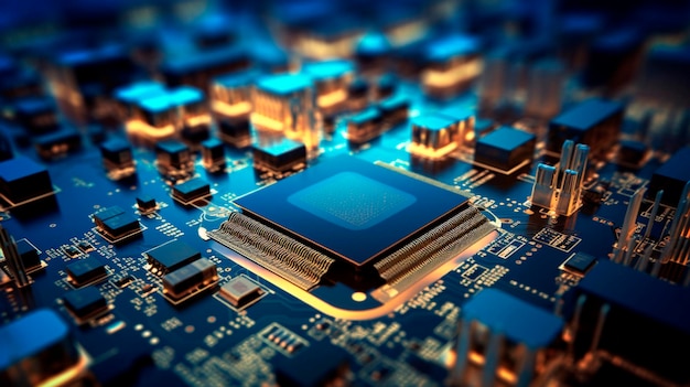 Zbliżenie na płytkę obwodu elektrycznego z procesorem, mikroprocesorem i innymi komponentami elektronicznymi w tle Generacyjna sztuczna inteligencja